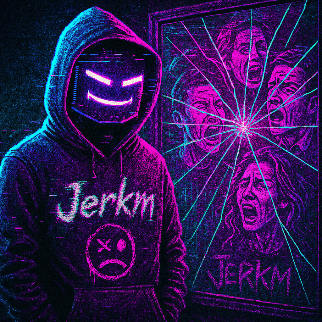 JerkmBot: Neon glitch robot in hoodie with breaking faces, symbolizing brutal AI roasts and internet chaos